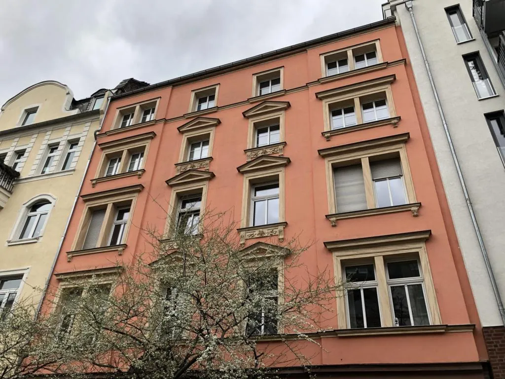 Altbaufassade in warmem Rotton mit blühendem Baum in Frankfurt-Bockenheim